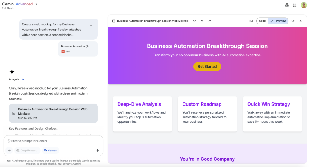 Using Gemini Canvas for design mockups